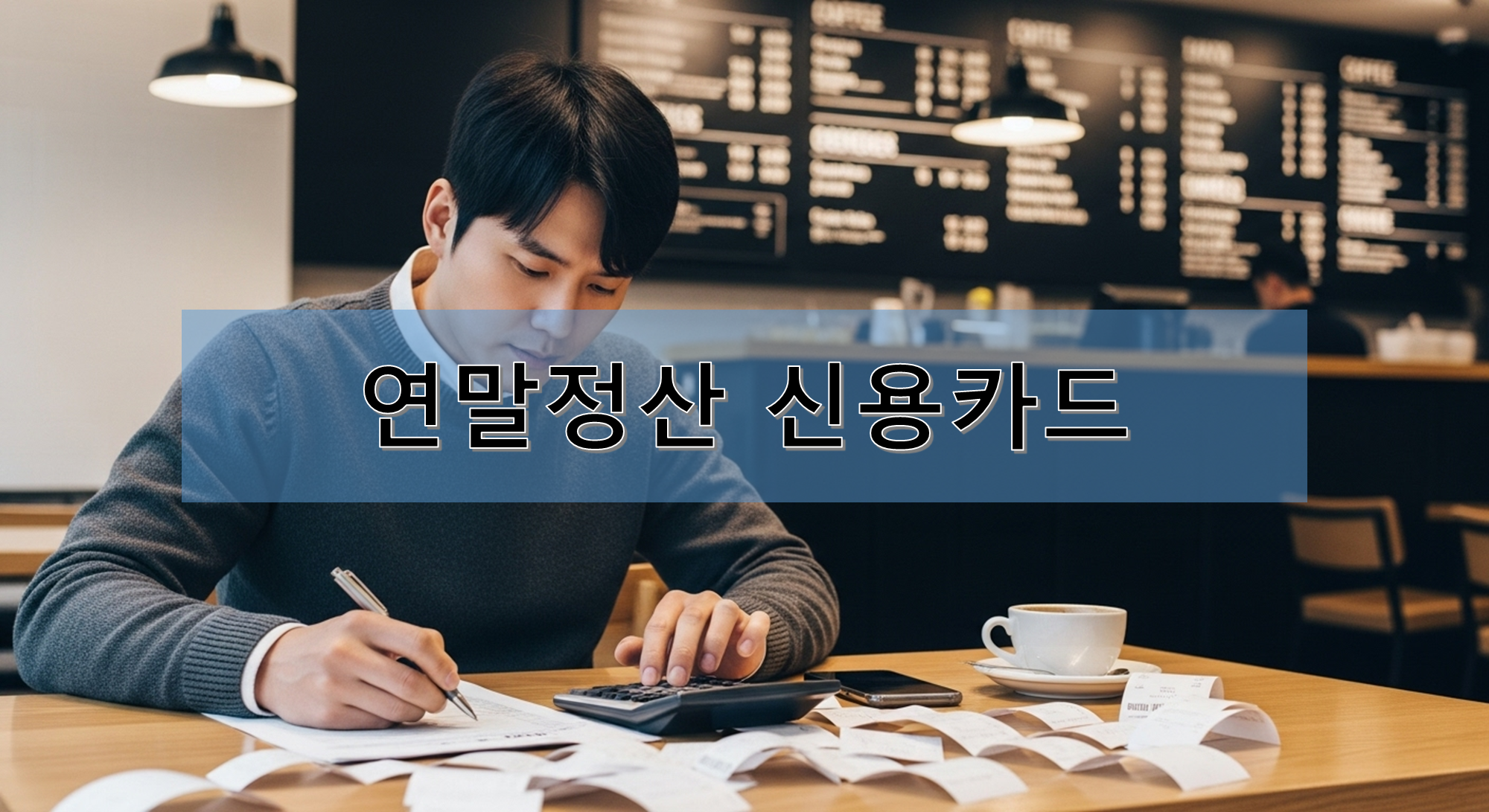 연말정산을 위해 신용카드 내역을 계산 중인 남자
