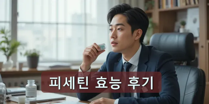 책상에 앉아 물과 함께 피세틴을 먹는 모습