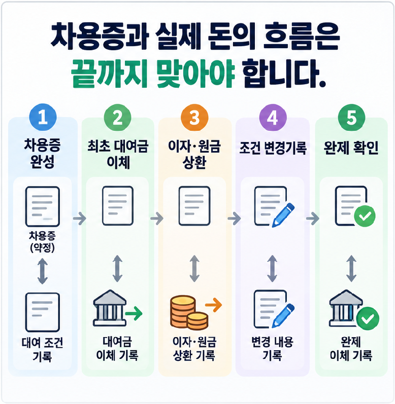 가족 간 차용증 작성 후 대여금 송금 이자 원금 상환 변경 완제까지 증빙 흐름