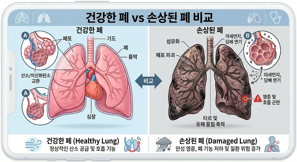건강한 폐 vs 손상된 폐 비교: 미세먼지와 담배 연기가 폐포를 어떻게 파괴하는지 보여주는 사진