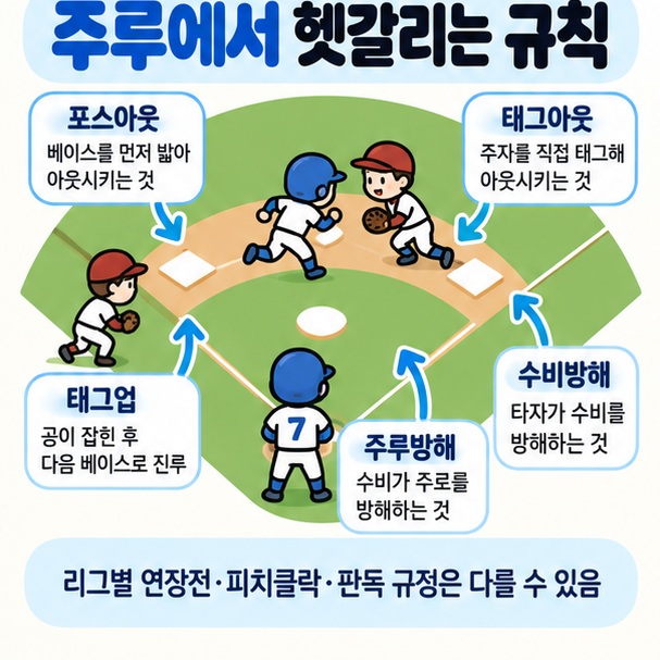 포스아웃 태그아웃 태그업 주루방해 수비방해 차이를 야구장 베이스 그림으로 설명한 이미지