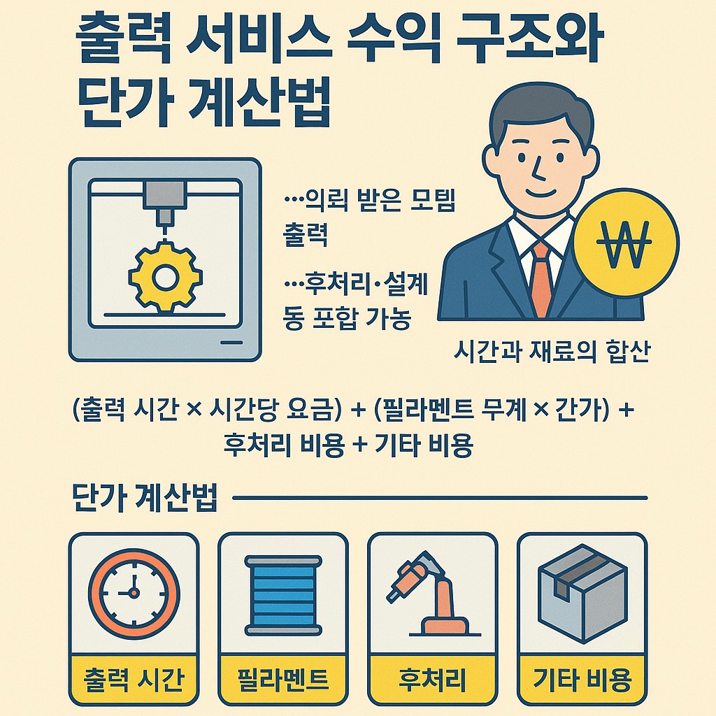 3D 프린터 출력 서비스 수익 구조와 단가 계산법 요약 인포그래픽