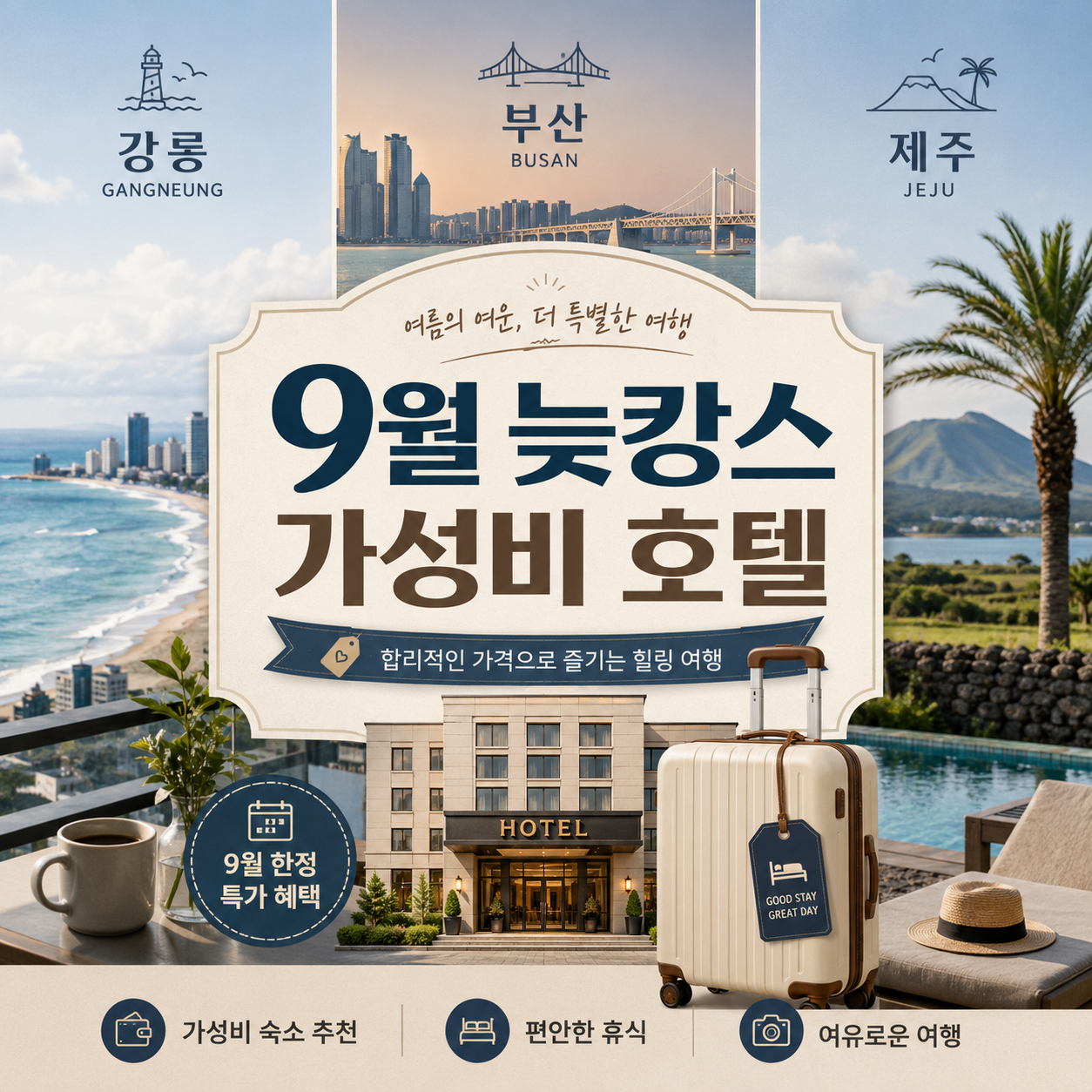 2026 9월 늦캉스 가성비 호텔과 강릉 부산 제주 여행지를 비교한 대표 이미지