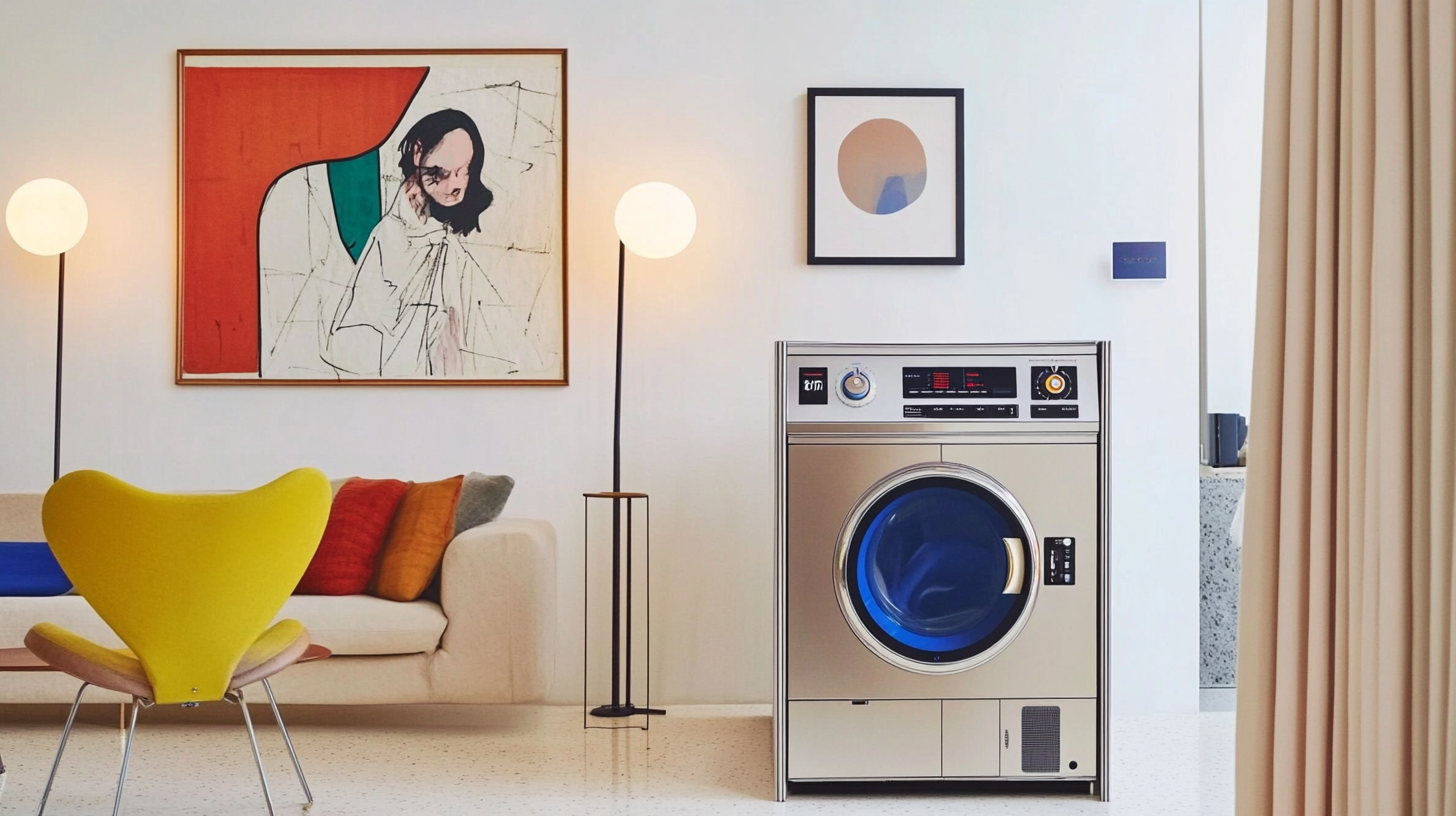 스마트 홈 통합이 가능한 럭셔리한 세탁기와 건조기 디자인, 우아한 거실에서 미래지향적인 분위기를 따뜻한 조명으로 강조
