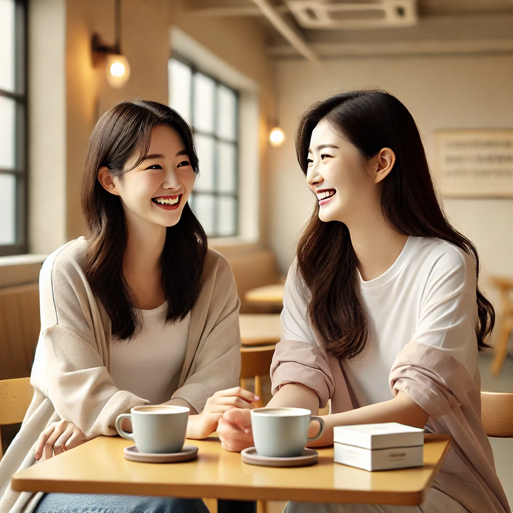 두 명의 한국인 여성이 집 근처 아늑한 카페에서 자연스럽게 대화를 나누는 모습