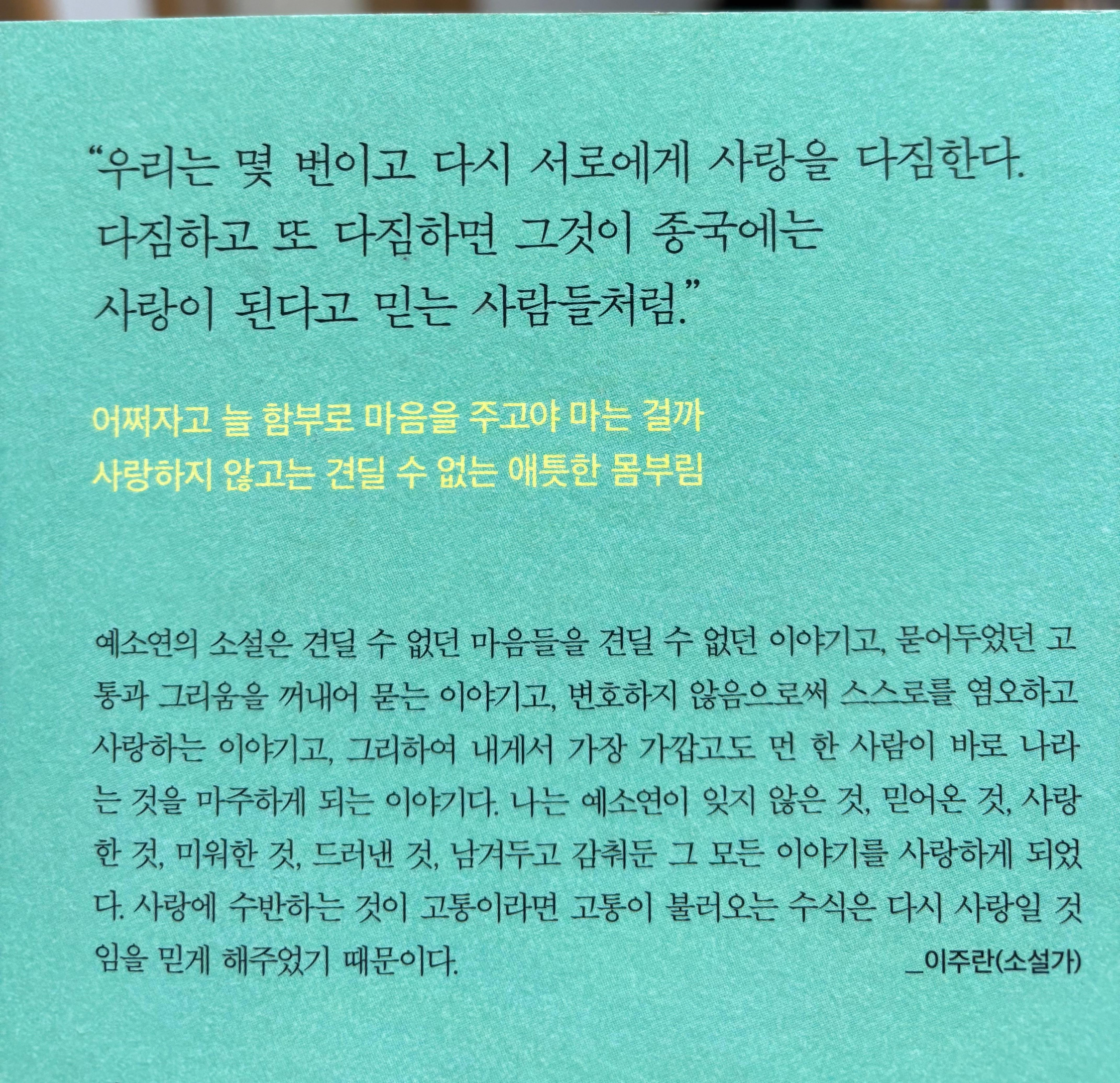 예소연 『사랑과 결함』 뒷표지에 실린 작품 소개와 사랑·결함에 관한 핵심 문구