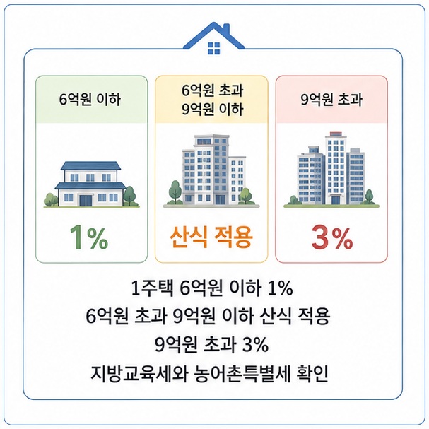1주택을 일반 매매로 취득할 때 6억원 이하와 6억원 초과 9억원 이하, 9억원 초과에 따라 취득세율이 달라지고 지방교육세 등이 추가될 수 있음을 보여 주는 그림