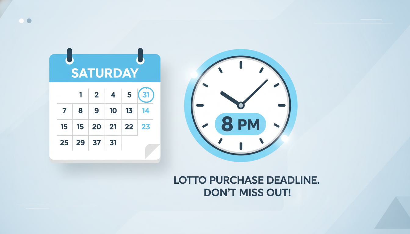 달력에서 토요일이 강조되고 마감 시간(오후 8시)을 표시하는 시계가 있는 로또 구매 마감 시간 안내 일러스트.