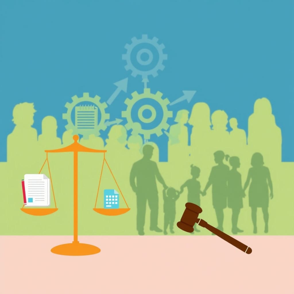 정부가 비양육 부모에게서 양육비를 회수하는 과정을 간접적으로 보여주는 이미지입니다. 법적인 절차나 협의를 상징하는 아이콘과 함께, 공정하고 체계적인 회수 시스템을 나타냅니다.