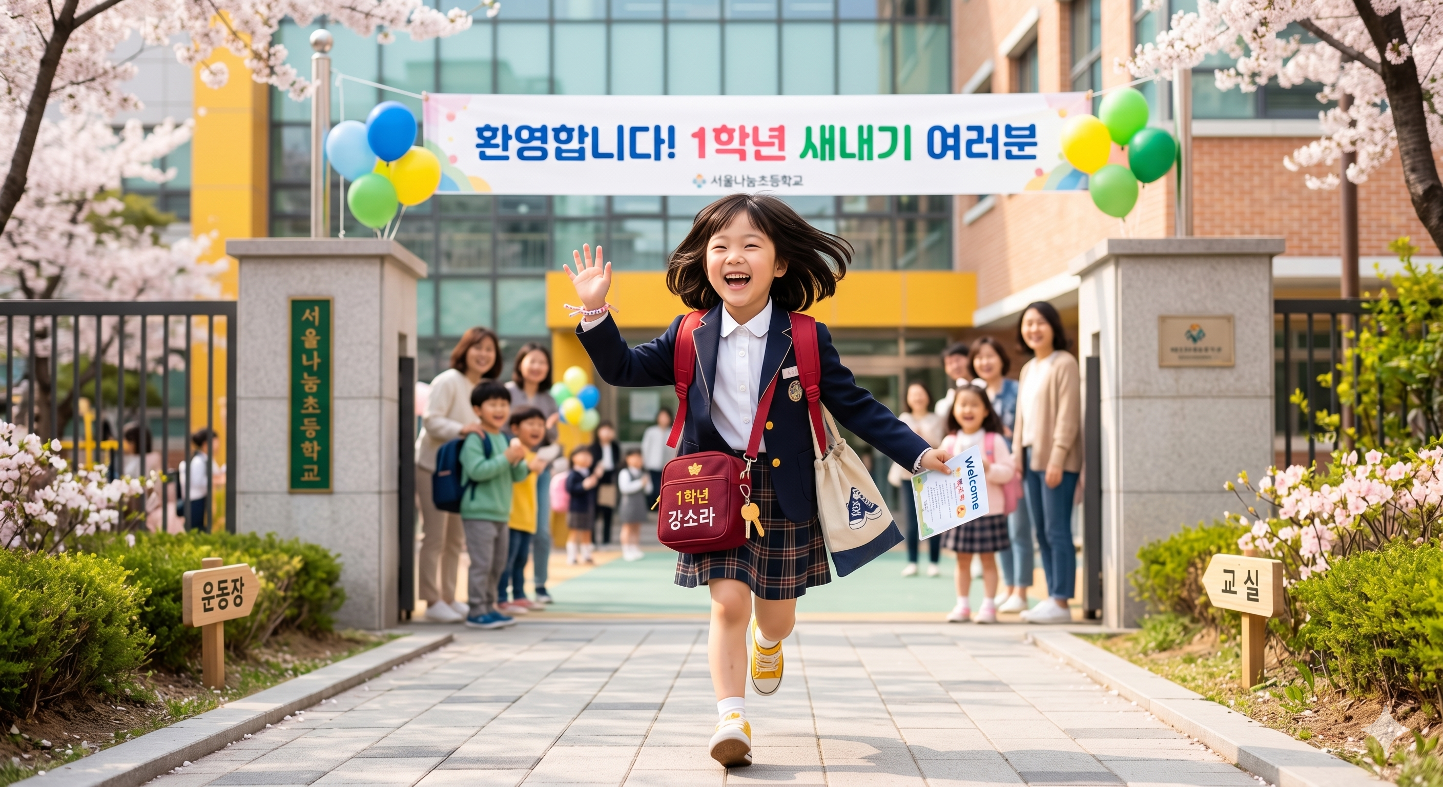 초등학교 입학식 날, 책가방을 메고 벚꽃이 피어 있는 밝은 분위기의 학교 교문을 들어서며 환하게 웃고 있는 즐거운 1학년 새내기 초등학생의 모습 일러스트