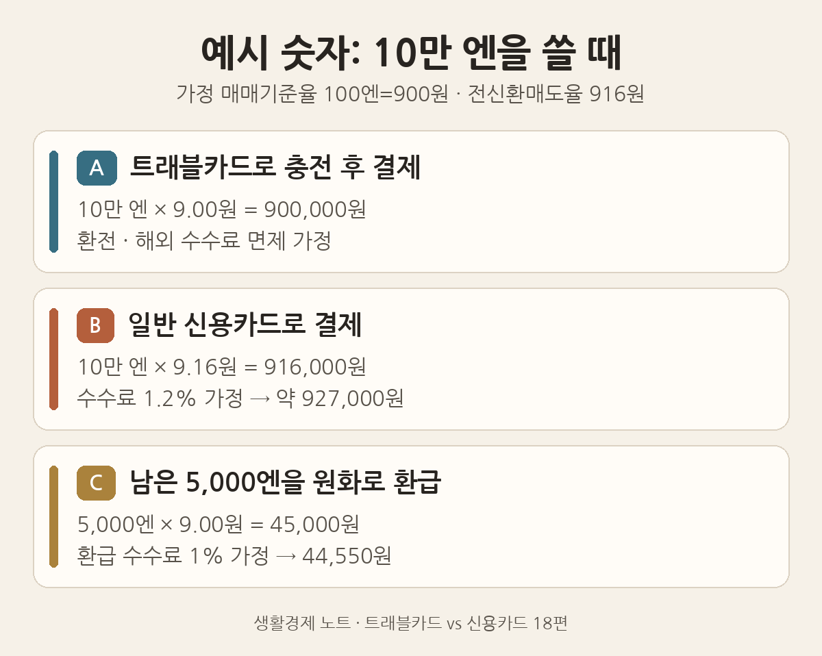 예시 숫자로 본 10만 엔 사용 비용: 트래블카드 900,000원, 신용카드 약 927,000원, 남은 5,000엔 환급 44,550원(가정 환율·수수료 기준)