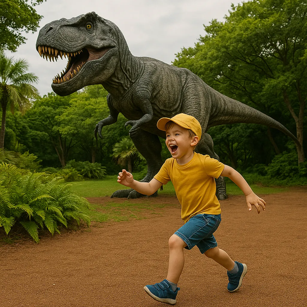 한림공원 공룡 모형 옆에서 아이가 신나게 뛰는 장면
