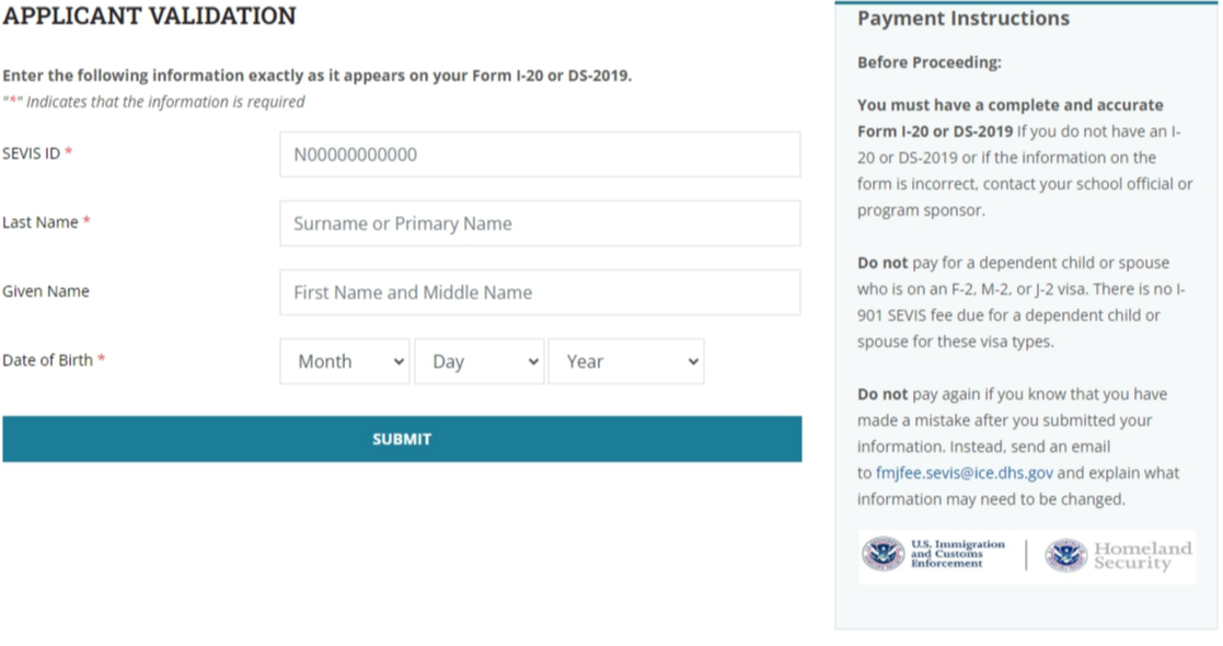 SEVIS 정보 입력 화면