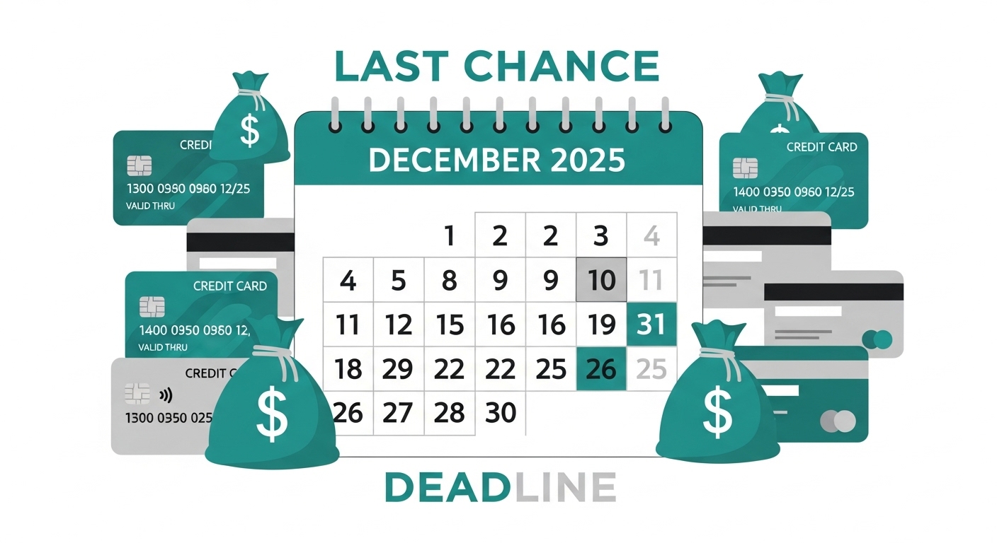 2025년 12월 달력과 신용카드, 돈 주머니 이미지가 상생페이백 마감 기한의 긴급성을 강조.