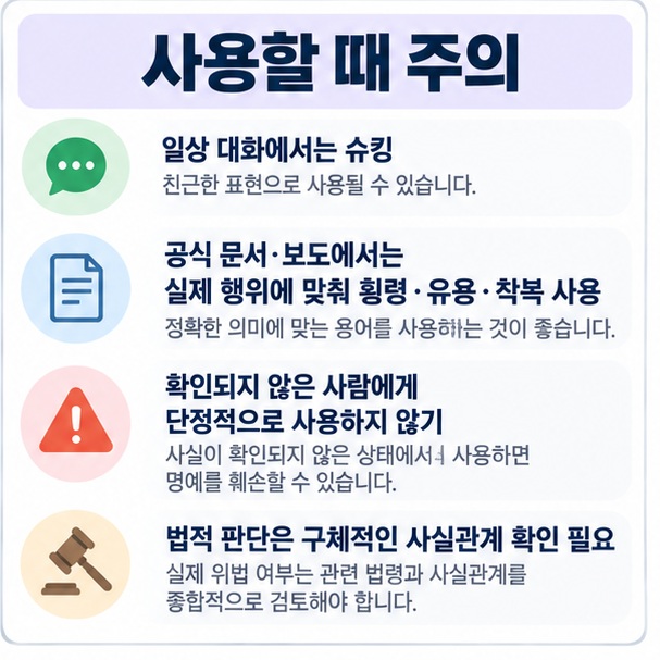 슈킹은 속어 횡령 착복 유용은 상황에 따라 더 공식적이고 구체적인 표현임을 비교한 이미지