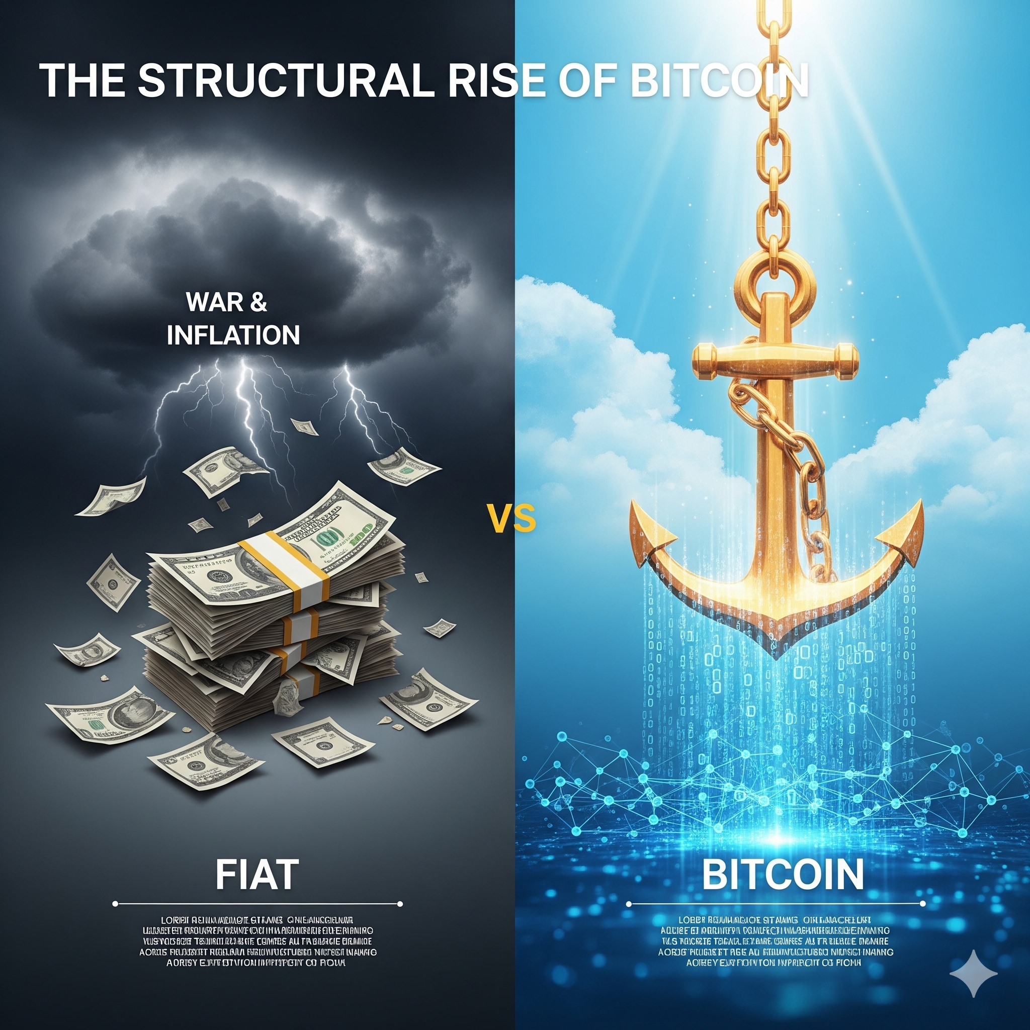 전쟁과 인플레이션 상황에서 법정 화폐 가치 하락과 비트코인의 구조적 상승을 비교한 인포그래픽