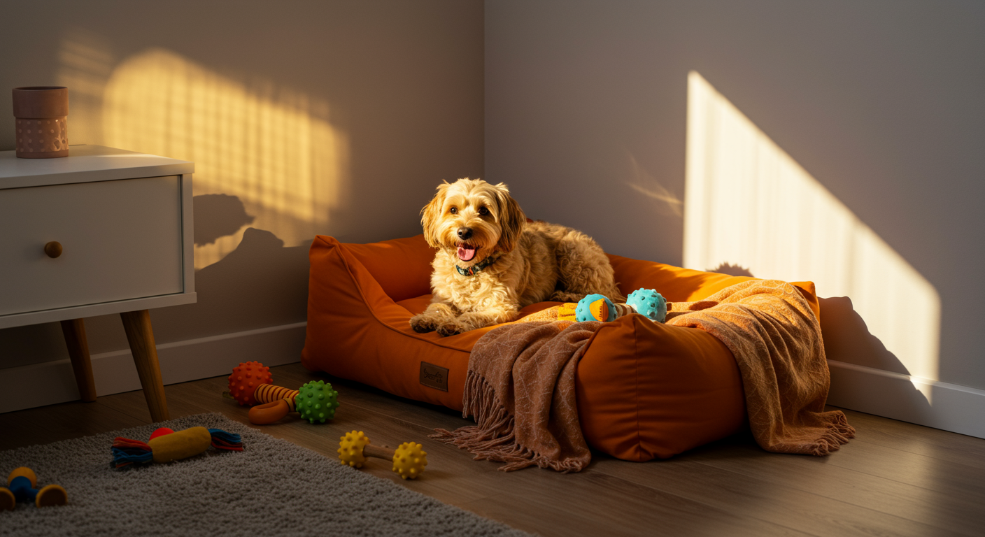 cozy dog corner with soft bed, toys, and blanket with owner's scent, peaceful and inviting space