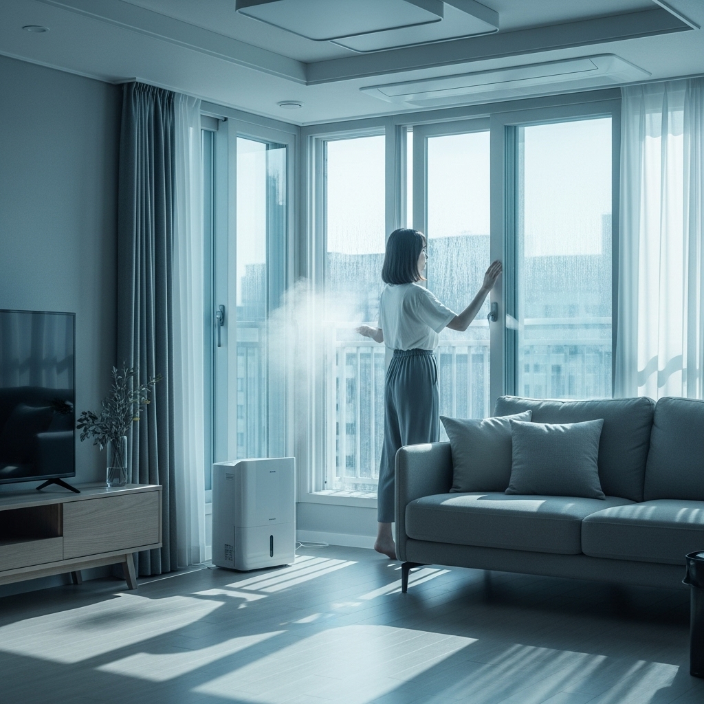 여름철 쾌적한 탑층 아파트 거실, 창문 결로 방지 노력과 시원하고 편안한 분위기.