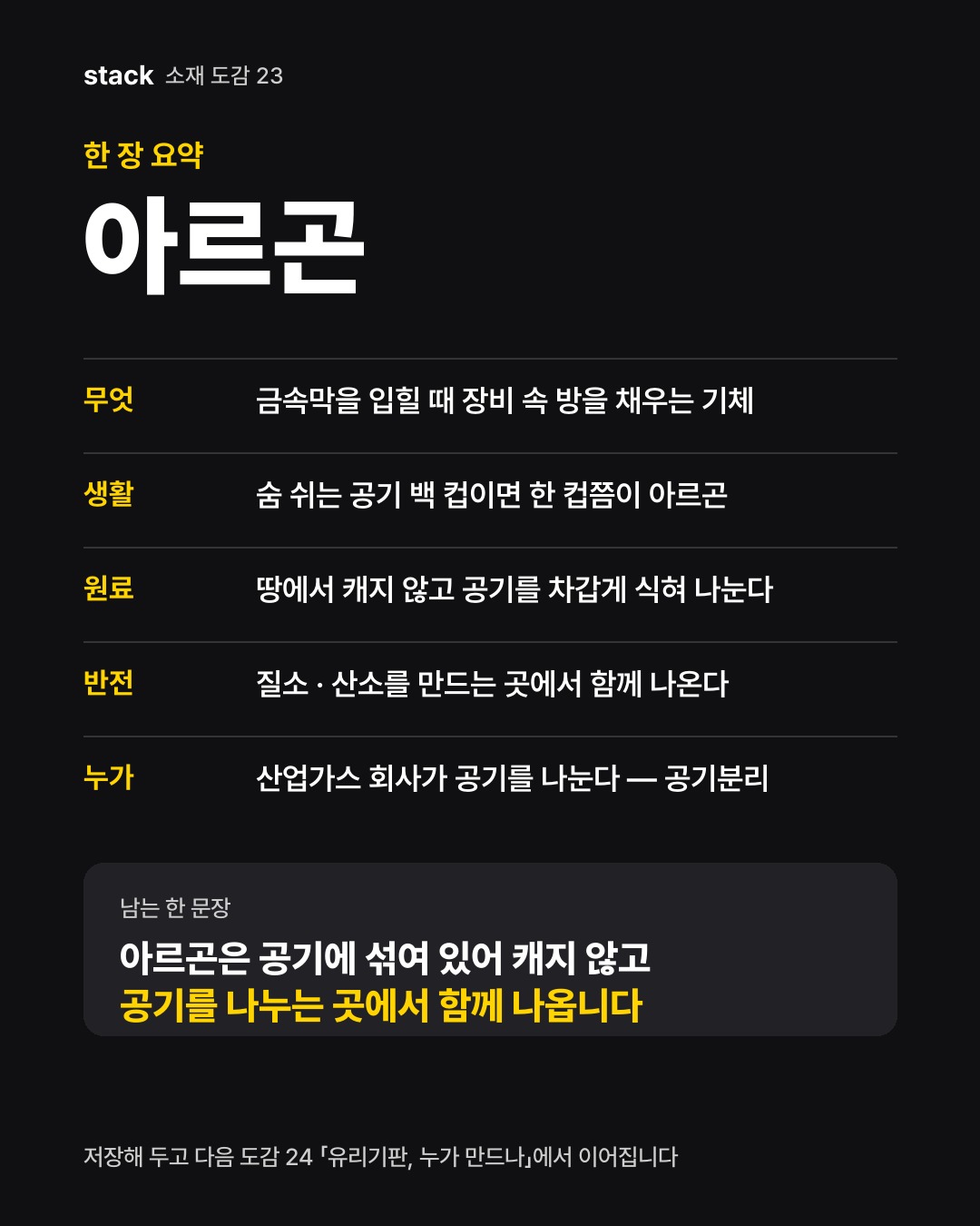 한 장 요약 아르곤 — 무엇 — 금속막을 입힐 때 장비 속 방을 채우는 기체 · 생활 — 숨 쉬는 공기 백 컵이면 한 컵쯤이 아르곤 · 원료 — 땅에서 캐지 않고 공기를 차갑게 식혀 나눈다 · 반전 — 질소 · 산소를 만드는 곳에서 함께 나온다 · 누가 — 산업가스 회사가 공기를 나눈다 — 공기분리