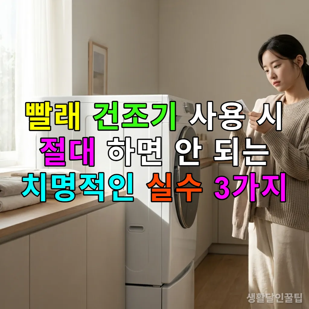 빨래 건조기 앞에서 옷감 라벨을 확인하는 한국 여성