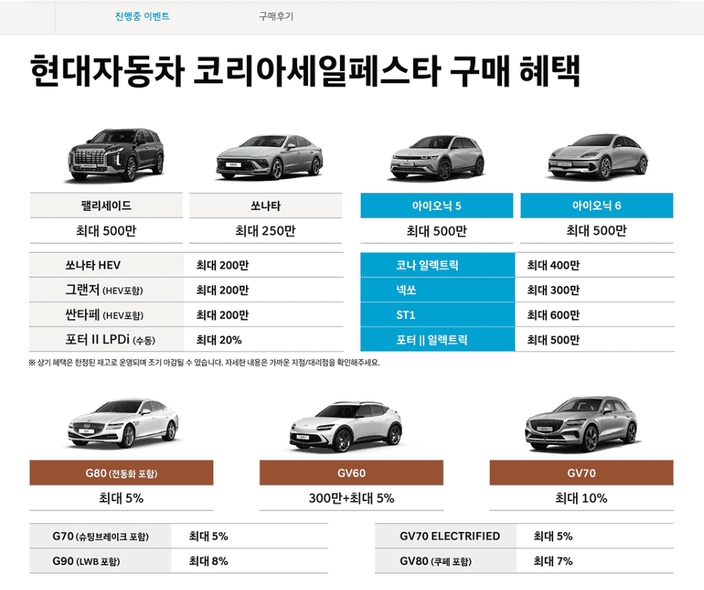 현대자동차 코리아세일페스타 할인 차종