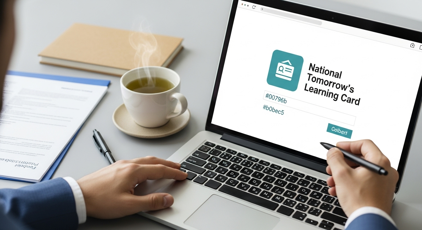 노트북으로 국민내일배움카드 온라인 신청서를 작성하는 손의 클로즈업. 깔끔한 서류와 차 한 잔이 놓인 책상에서 온라인 신청의 편리함을 강조한다.