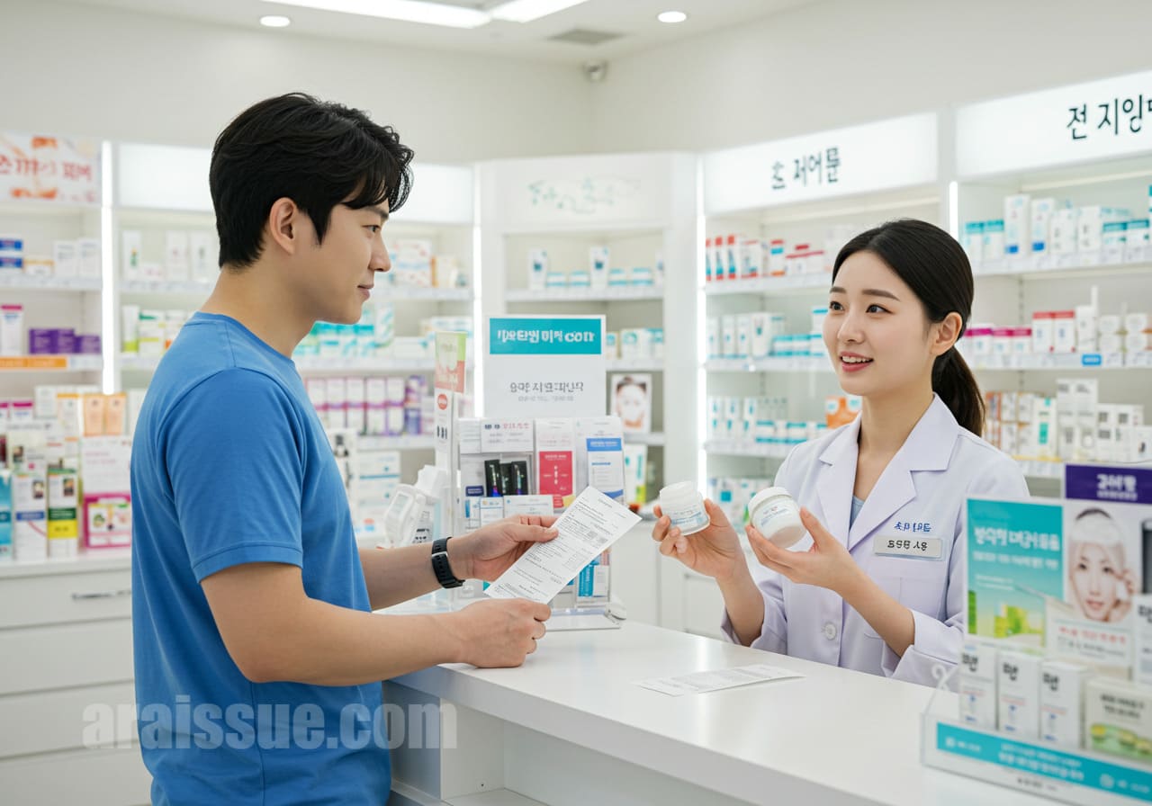 약국 카운터 앞에서 한 한국 남성이 보습제 영수증을 들고 보험 청구가 가능한지 질문하고 있습니다. 약사는 차분히 설명하고 있으며, 공간은 밝고 현대적입니다.
