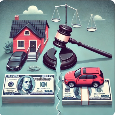 자산 분할 상징 이미지 (집, 자동차, 돈)
