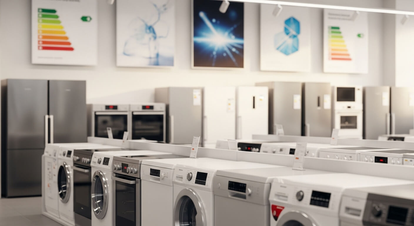 대형 전자제품 매장 내부의 세탁기와 오븐&amp;#44; 냉장고 진열 모습