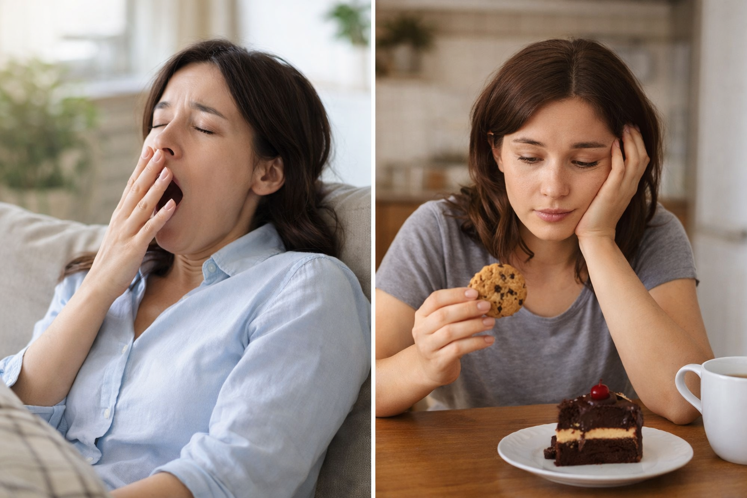 식사 후 졸림과 단 음식이 당기는 모습을 각각 보여주는 혈당 스파이크 대표 증상 이미지