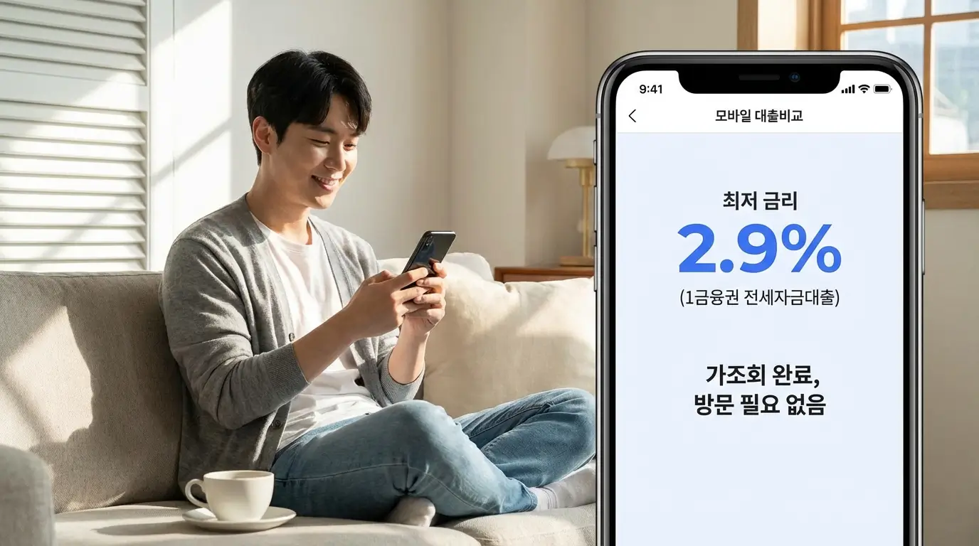 모바일 대출 비교 앱을 통해 은행 방문 없이 가장 저렴한 1금융권 전세 자금 대출 최저 금리를 가조회하고 안도하는 모습