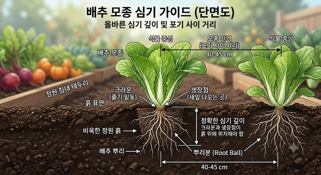 배추 모종을 심을 때 잎줄기 생장점을 파묻지 않는 올바른 흙 깊이와 적정 정식 간격을 보여주는 모식도