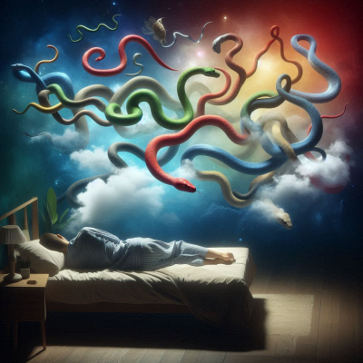다양한 색깔의 뱀이 꿈속에서 휘감고 있는 장면입니다.