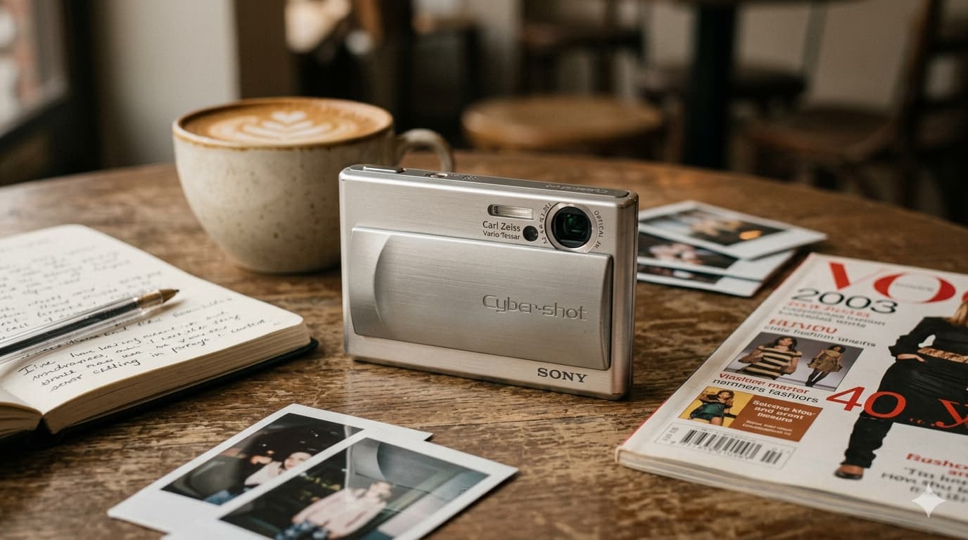 원목 테이블 위 커피잔과 잡지 옆에 놓인 실버 컬러의 소니 사이버샷 DSC-T1 빈티지 디카. Y2K 감성이 느껴지는 슬라이딩 커버 스타일의 소형 디지털 카메라 연출 사진.