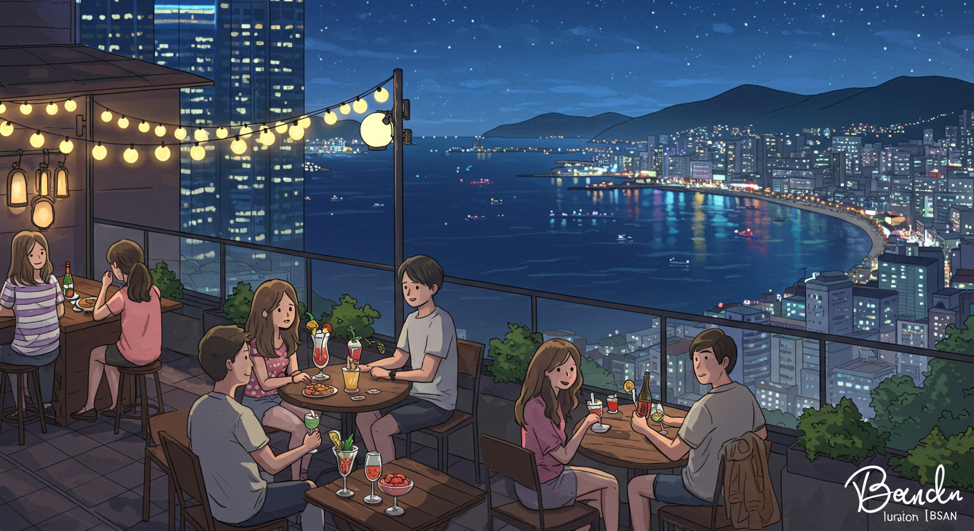 부산 바다와 야경을 배경으로 루프탑 바에서 여름밤을 즐기는 커플들