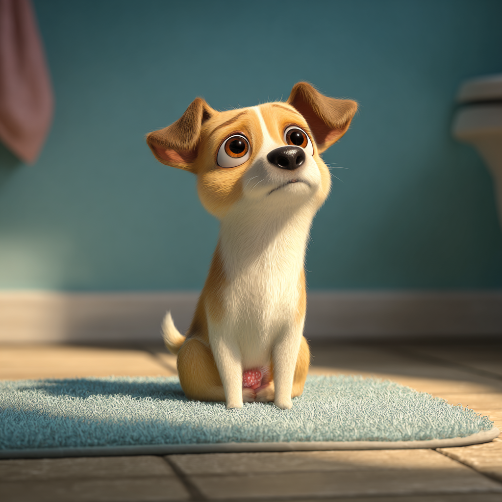 소변을 잘 보지못해 불편해 불편한 표정의 강아지, 픽사형 일러스트