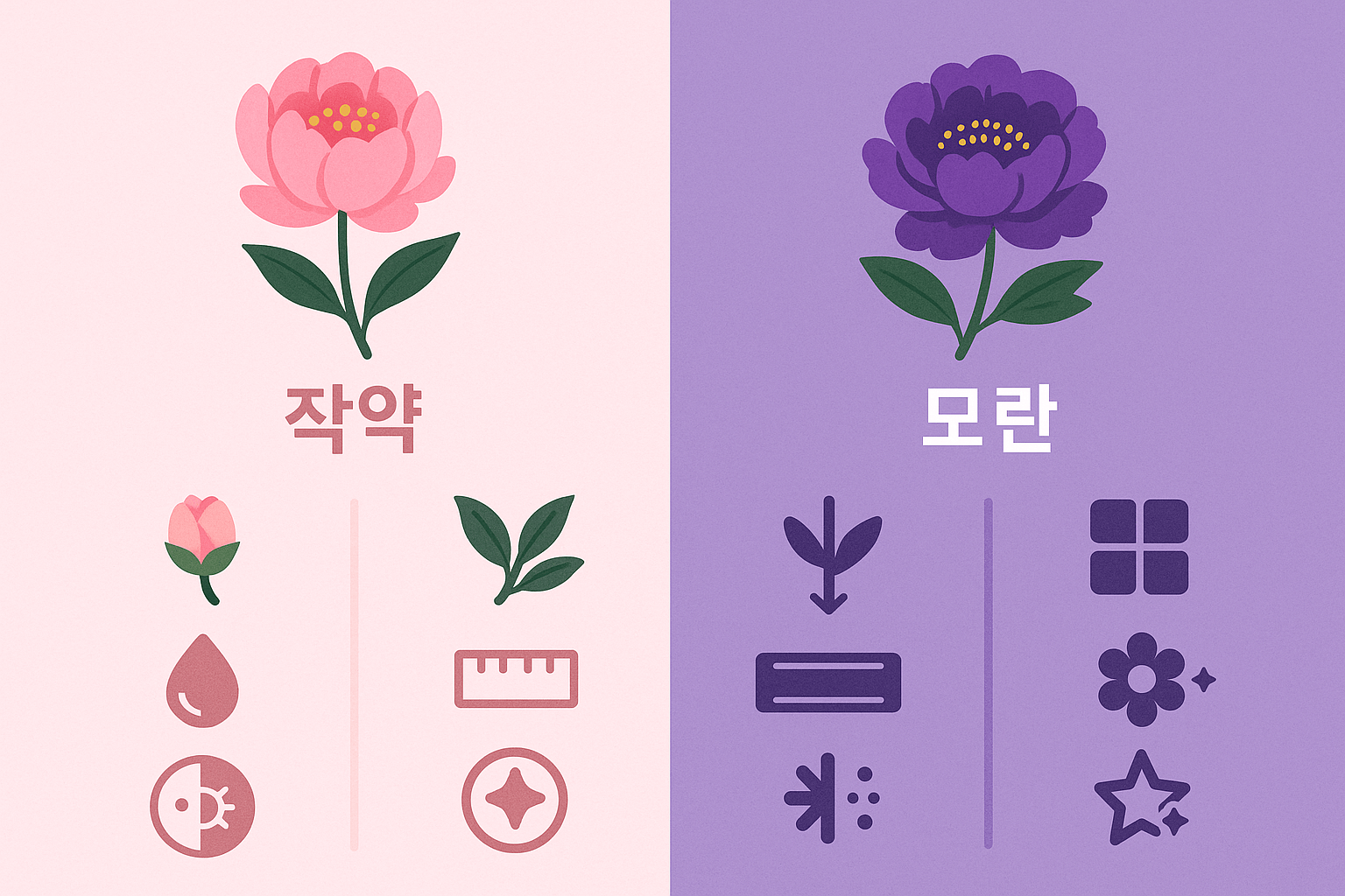 작약과 모란의 차이점을 시각적으로 비교하는 인포그래픽 스타일