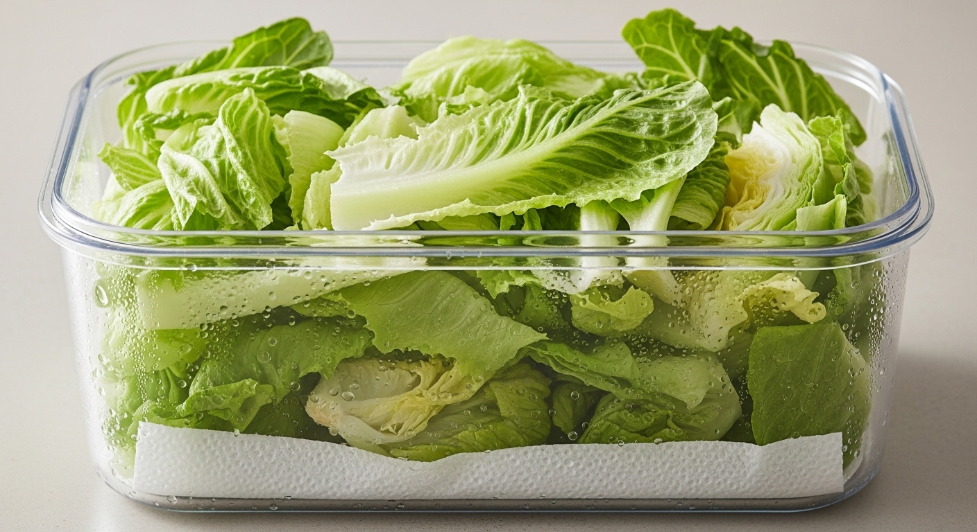 깨끗이 씻어 물기를 제거한 아삭한 양상추 잎이 키친타월이 깔린 밀폐 용기에 담겨 보관되는 모습.