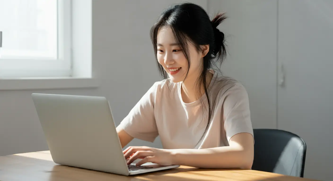 노트북으로 티비를 시청중인 여성