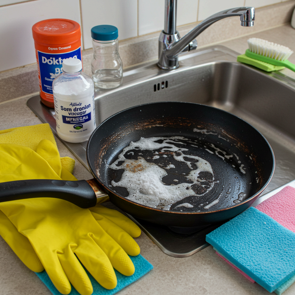 세제와 고무장갑으로 프라이팬 세척 준비.