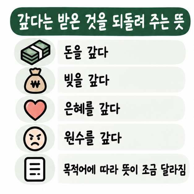 갚다가 돈과 빚, 은혜, 원수처럼 받은 것에 대응해 되돌려 준다는 뜻으로 쓰임을 보여주는 카드