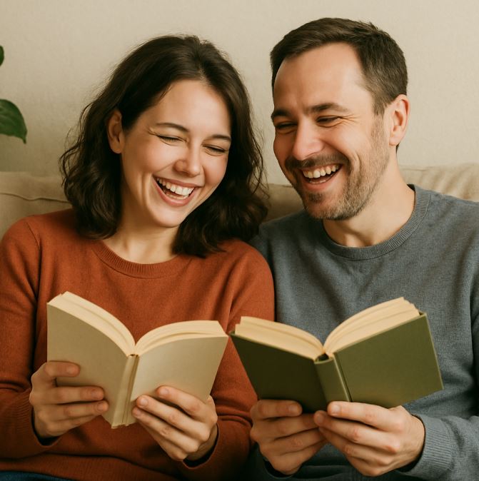 부부가 웃으며 함께 독서를 하고 있는 사진