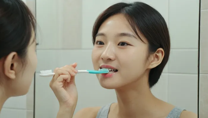 잇몸 건강 회복을 위해 연약한 칫솔질을 실천하는 장면