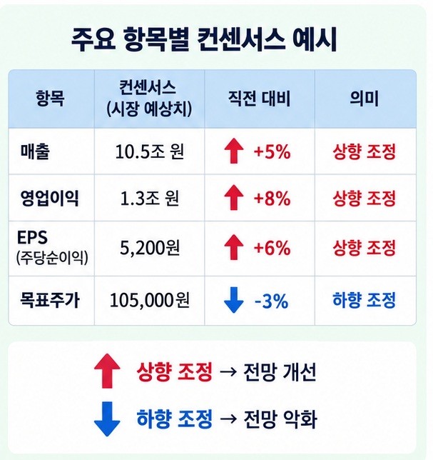 매출 컨센서스 영업이익 컨센서스 EPS 컨센서스 목표주가 컨센서스의 차이를 비교한 이미지