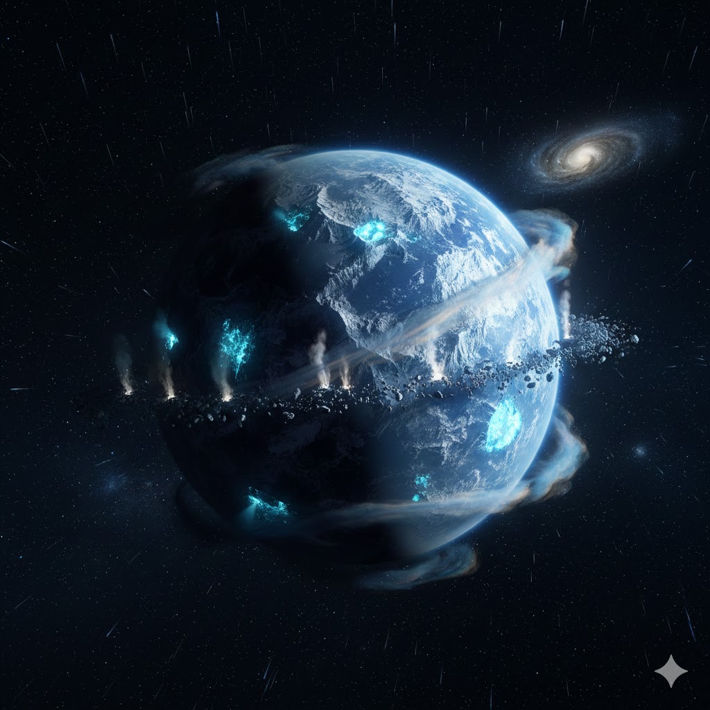 우주 공간에 고립된 차가운 푸른 빛의 떠돌이 행성과 소행성 고리.