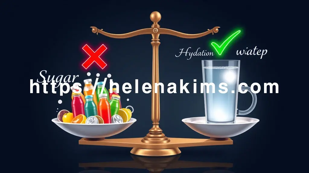 왼쪽 저울 접시에는 설탕이 가득한 탄산음료와 알록달록한 주스병들이 놓여 있고, 오른쪽 저울 접시에는 맑은 물이 담긴 유리잔이 놓여 있는 이미지.