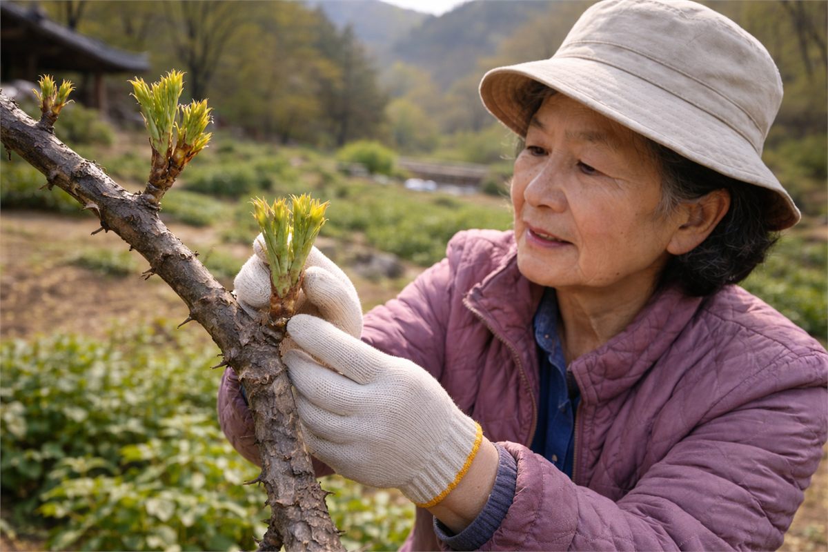 손끝으로 엄나무순 줄기의 연한 상태를 확인하는 한국인 여성 