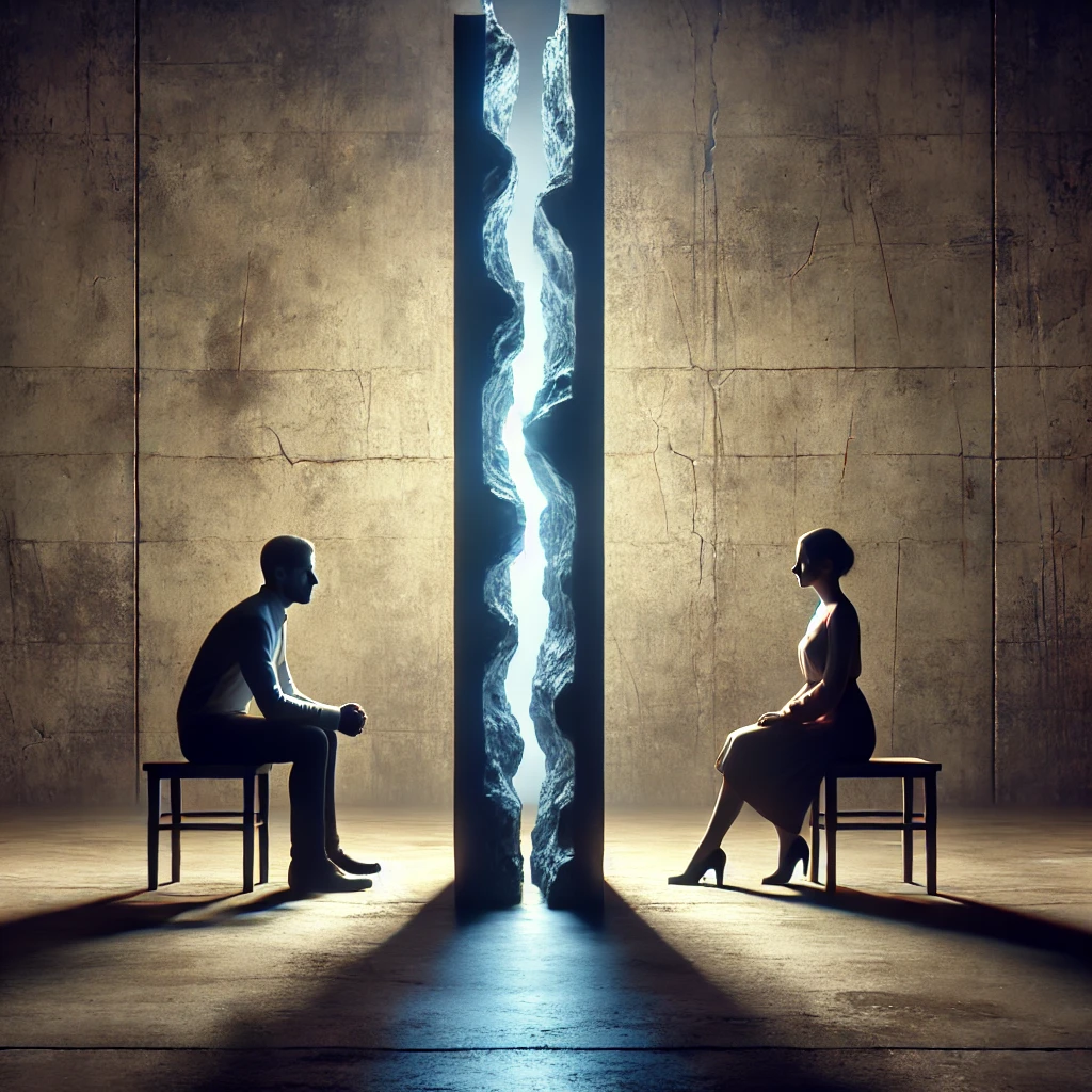 서로 마주 보고 있는 남성과 여성의 실루엣, 사이에는 벽이 있지만 그 벽에는 작은 균열이 가 있고, 균열 사이로 희미한 빛이 새어 나오는 모습