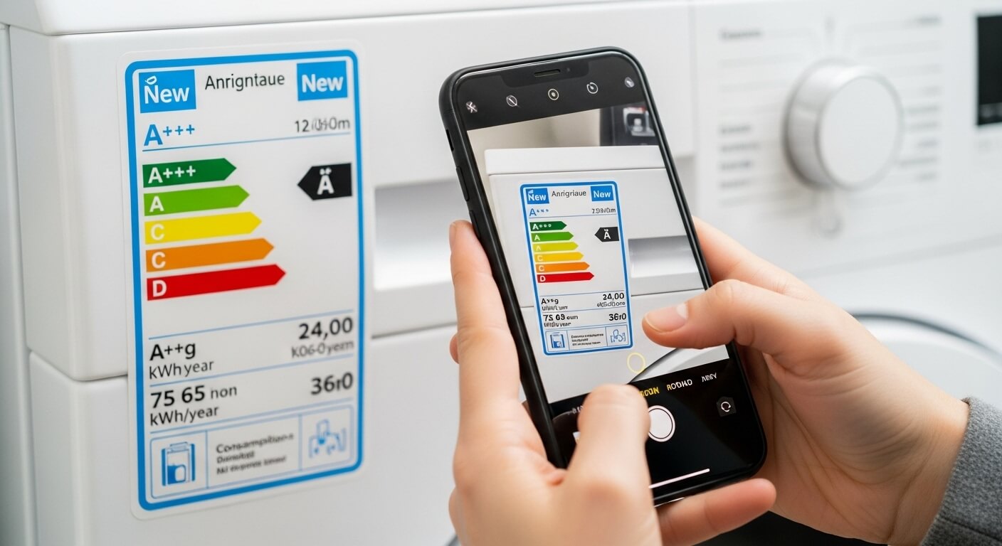 세탁기 에너지효율등급 라벨을 스마트폰으로 촬영하는 장면