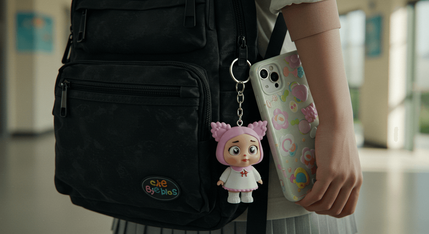 학생이 가방과 휴대폰 케이스에 크라이베이비 키링을 활용하는 모습 3